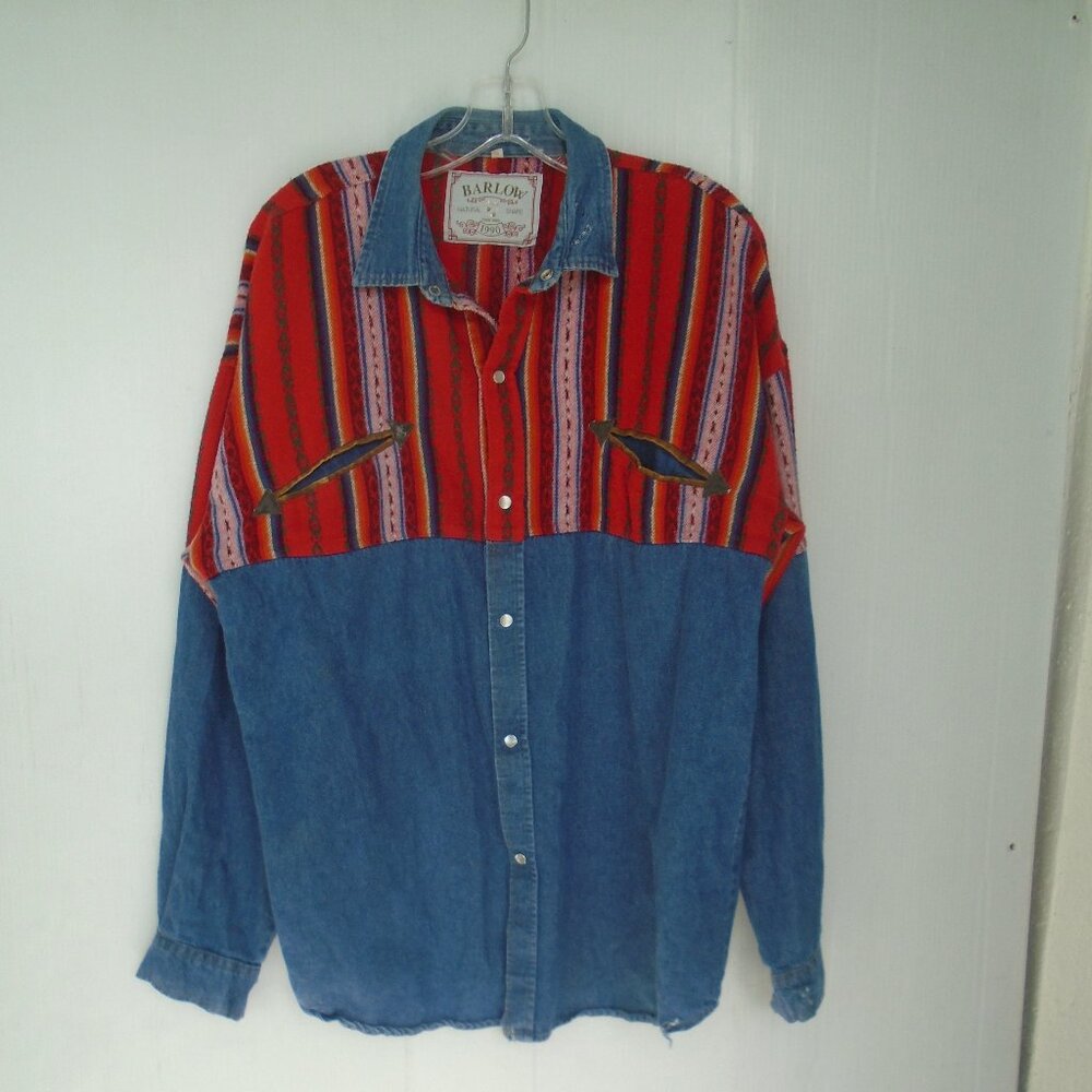 Barlow Mens Pearl-Snap Country Western Long Sleeves Shirt Size L Blue/Red